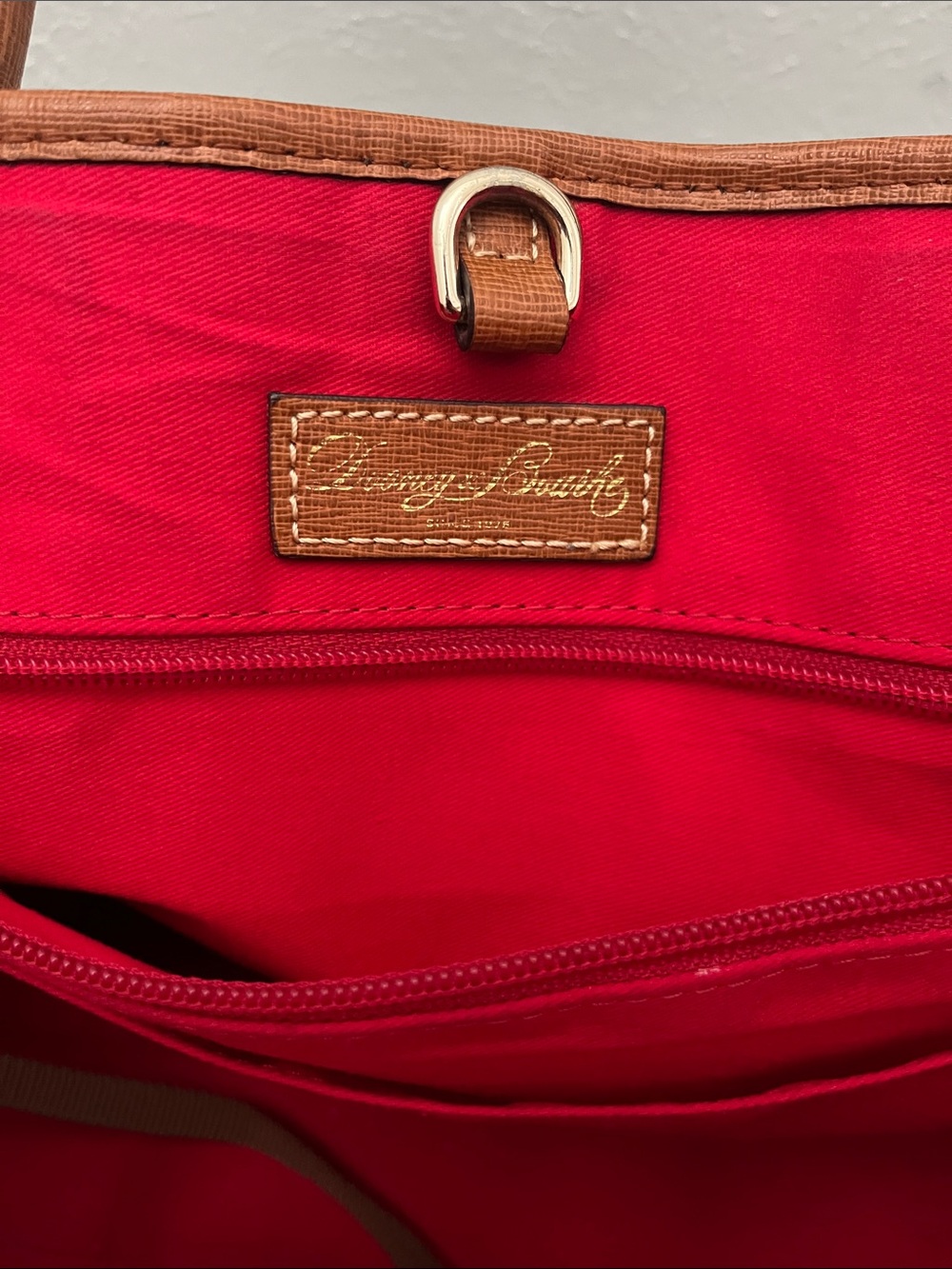Dooney & Bourke Navy Tote with Tan Leather Trim and Red Interior - Picture 7 of 10
